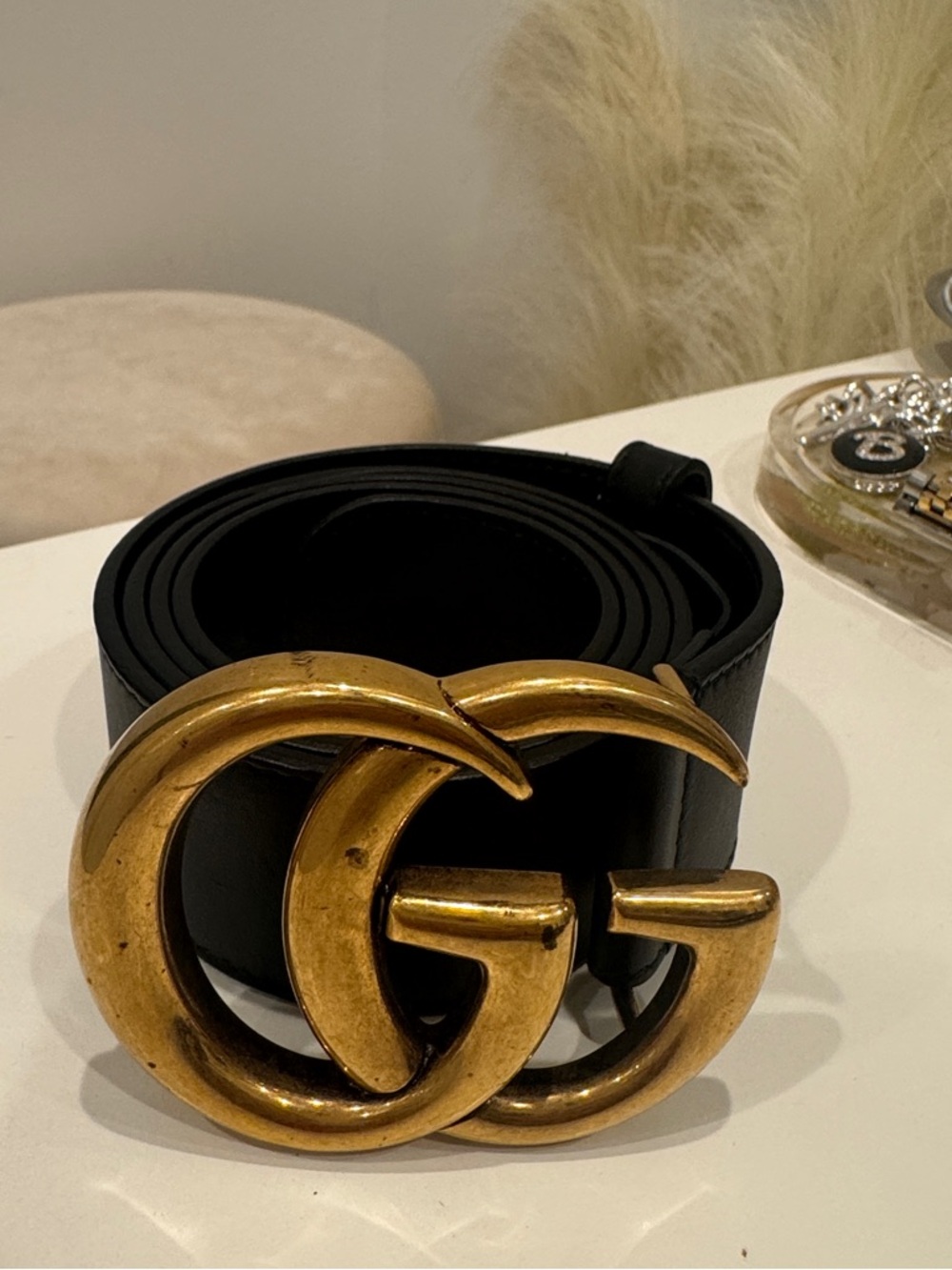 Authentic women’s Gucci GG Marmont Leather Belt with Antique Gold
